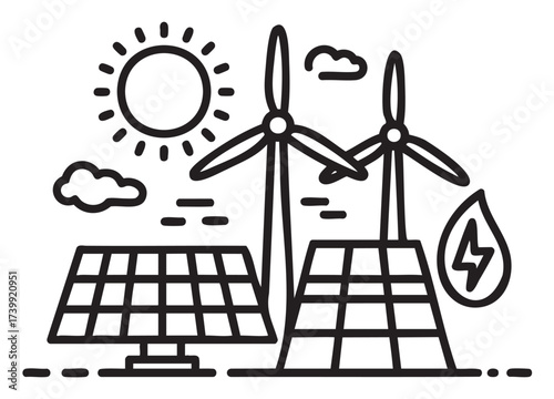 Black and line drawing of solar panels and wind turbines with clouds and sun, representing renewable energy concepts.