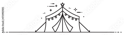 Black outline icon of a decorative circus tent with a star on top and string lights, symbolizing festivities and entertainment.
