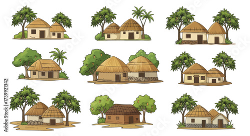 Set of traditional rural village huts with trees.