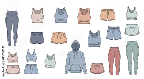 Technical fashion illustration set of womens sportswear including leggings shorts sports bras and a hoodie.
