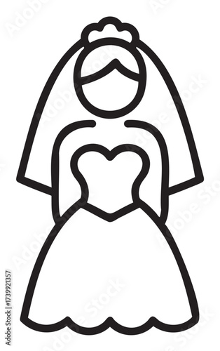 Minimalist black outline icon of a bride wearing a heart-shaped bodice gown with a veil and headdress.