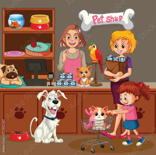 Pet shop interior concept vector illustration. Animal store with canine food, birds cage, aquarium with fish and dog bed