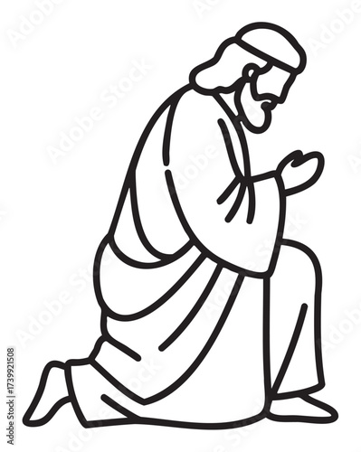 Black outline vector of a kneeling male figure in traditional robes with hands raised, depicting a moment of prayer.