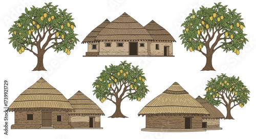 Collection of traditional village huts with thatched roofs and mango trees illustration set.