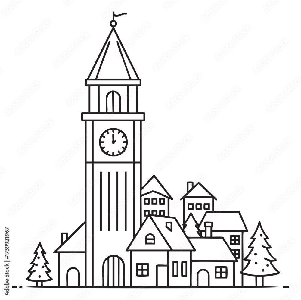 Naklejka premium Black outline of a clock tower surrounded by quaint small houses and evergreen trees, portraying a tranquil village scene.