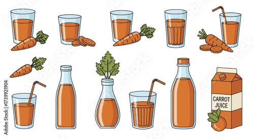 Set of carrot juice illustrations in glasses and bottles.