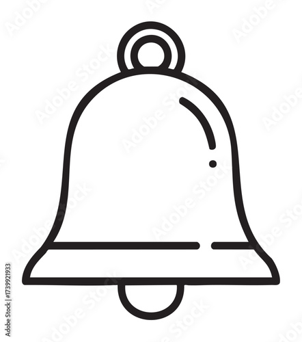 Simple black outline drawing of a classic hand bell with a circular handle. features a minimalistic design suitable for alert or notification concepts.