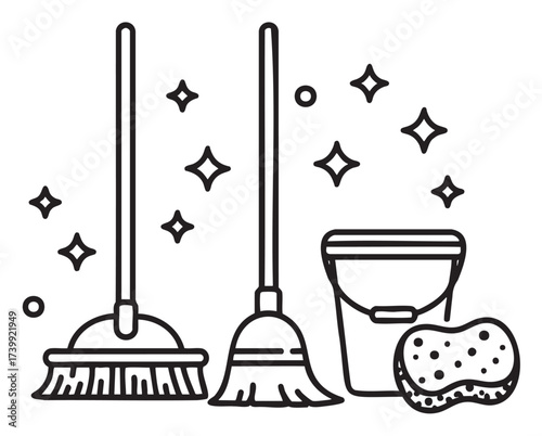 Black outline drawing of a mop, broom, bucket, and sponge with sparkling stars, symbolizing cleanliness and hygiene.