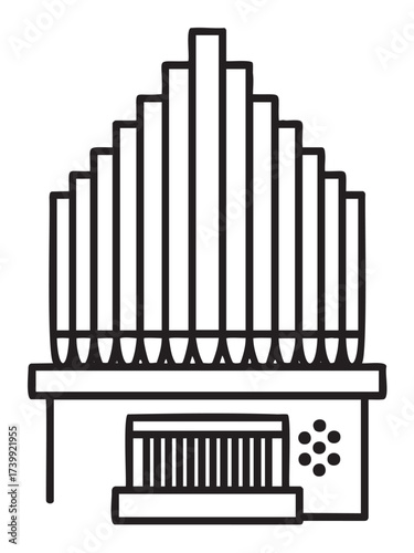 Black outline vector icon of a simple pipe organ with multiple vertical pipes and a keyboard. minimal linear illustration for music and instrument concepts.
