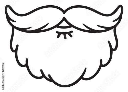 Black outline drawing of a bushy, stylized mustache and beard, with curved, playful lines, depicting a whimsical facial hair design.