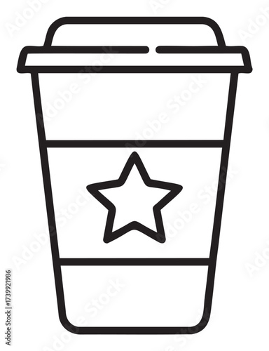 Black outline icon of a disposable coffee cup with a star design on the sleeve, representing takeaway beverages and café culture.