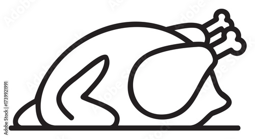 Black outline icon of a whole roasted turkey with visible drumsticks and wing, suitable for culinary and holiday concepts.