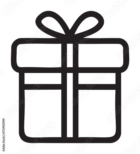 Black outline icon of a wrapped gift box with a bow on top, representing a simple and classic symbol for celebrations and gifts.