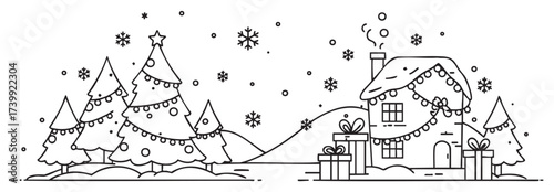 Black outline drawing of a snowy winter landscape featuring decorated christmas trees, a cozy house with a chimney, and falling snowflakes.