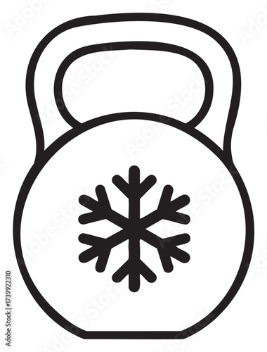 Black outline icon of a kettlebell with a snowflake symbol in the center, indicating cold or winter fitness concepts.