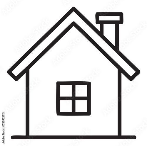 Black outline icon of a simple house with a triangular roof, chimney, and square window, depicting a basic home structure.