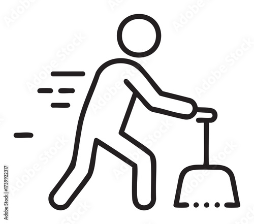 Black outline icon of a person sweeping with a broom and dustpan, symbolizing cleaning or tidying activities.