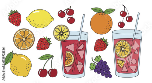 Colorful vector set of summer fruits and refreshing sangria drinks.