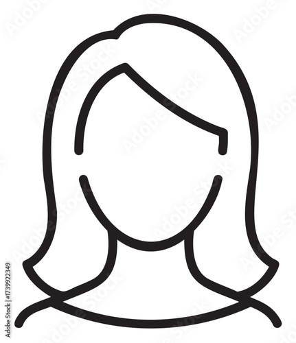 Black outline icon of a simple female, caucasian, adult face with medium-length hair, depicted in a minimal linear style.