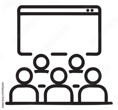 Black outline icon depicting a group of stick figure people sitting and watching a large screen, symbolizing a presentation or meeting scenario.