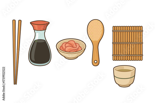 Japanese cuisine condiments and utensils including soy sauce, ginger, chopsticks, rice paddle, sushi mat, and tea cup