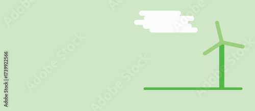Landscape background design with a green energy theme with a flat style image of a windmill and white space on the left