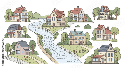 Set of cartoon houses in a village by the river Handdrawn suburban neighborhood illustration.
