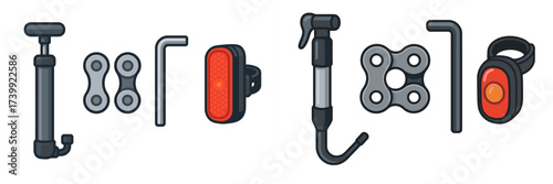 Essential bicycle accessories set including pump, chain links, hex key, and tail light for cycling safety and maintenance