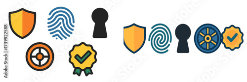 Digital security and data protection icons featuring authentication symbols, access control, and verified badges for online safety
