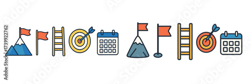 Business goals, success, achievement, and strategic planning with mountains, flags, ladders, targets, and calendars