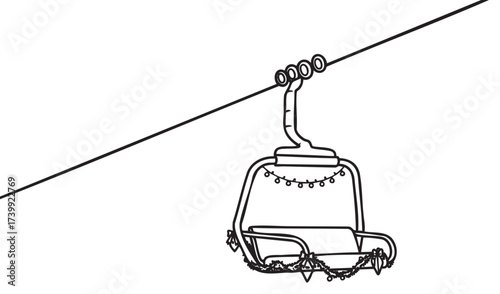 Simple outline of an empty ski lift chair adorned with festive string lights and garlands on a cable line.