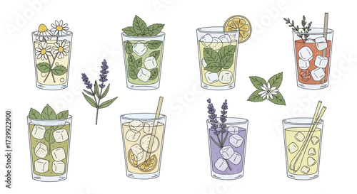 Set of refreshing herbal iced teas and lemonades in glasses.