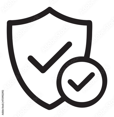 Black outline icon of a shield with a check mark, symbolizing security and protection, alongside a circular icon featuring a smaller check mark.