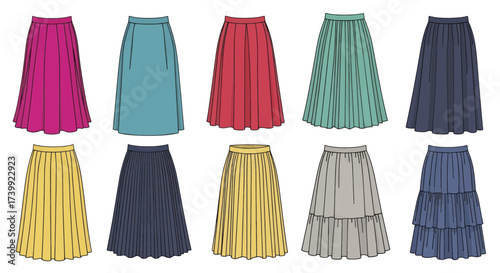 Vector set of colorful womens midi skirts fashion illustration.