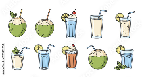 Set of cartoon summer drinks and tropical cocktails Vector illustration of coconut water lemonade and other refreshing beverages isolated on white background.