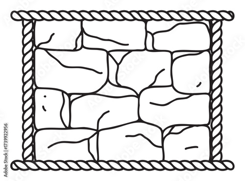 Black outline of a rectangular stone wall pattern enclosed by a thick rope border, showcasing various irregularly shaped stones.