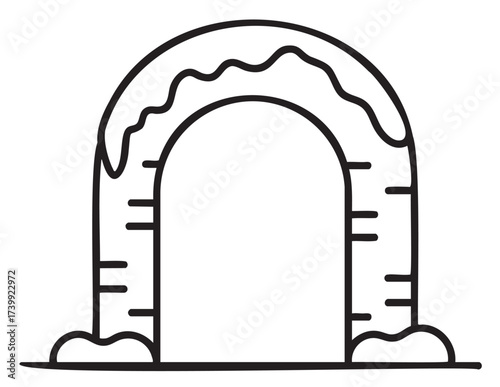 Black outline of an arched igloo with snow atop, featuring a simple linear design for winter and arctic concepts.