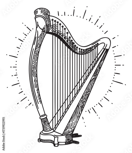 Black outline drawing of a detailed harp with radiating lines, highlighting its intricate strings and elegant curves.