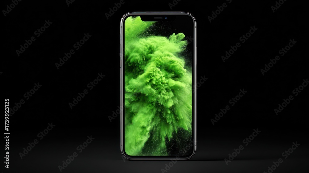 Fototapeta premium Smartphone with green cloud abstract background isolated on black