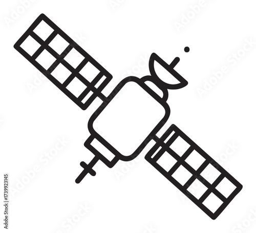 Black linear icon of a satellite with solar panels and a dish antenna, representing communication and space technology.