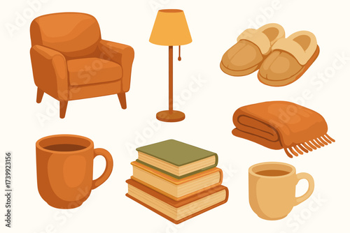 Cozy autumn home essentials collection with comfortable armchair, warm blanket, books, and hot drinks