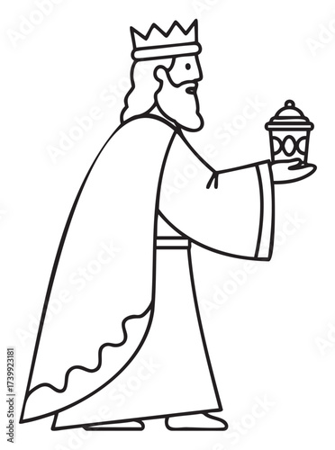 Black outline drawing of a wise man or king wearing a crown, holding a gift, often associated with christmas and nativity scenes.