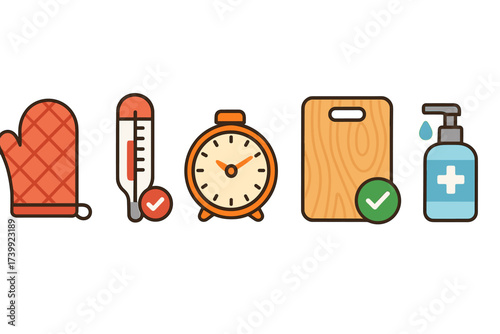 Essential kitchen safety and hygiene icons including cooking mitt thermometer alarm clock cutting board and hand sanitizer