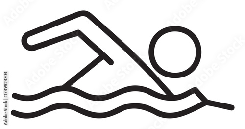 Black outline icon depicting a simplified swimmer in motion with one arm extended over stylized waves, capturing a sense of aquatic movement.