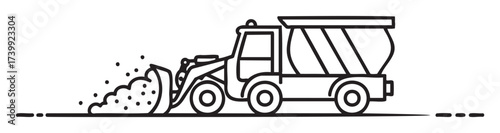 Black outline icon of a road snowplow vehicle equipped with a front plow blade and rear salt spreader for winter maintenance.