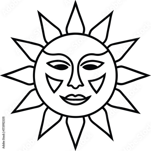 tribal sun god mask with rays coloring sheet  vector illustration on transparent background