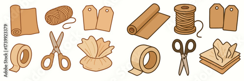 Assortment of craft and gift packaging materials featuring rolls of brown paper, spools of natural twine, sharp scissors, and adhesive tape