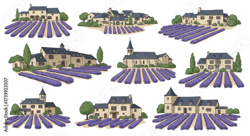 Set of Provence landscape illustrations with lavender fields and old French houses.
