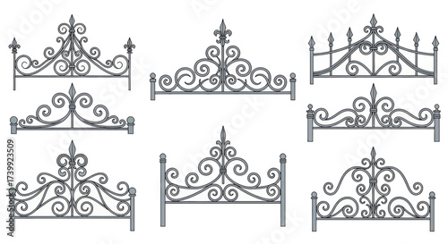 Set of classic decorative wrought iron fence tops and headboards.