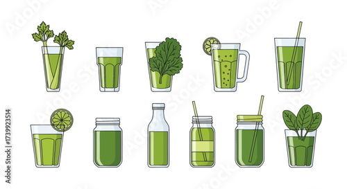 Set of healthy green vegetable drinks in glasses and jars.